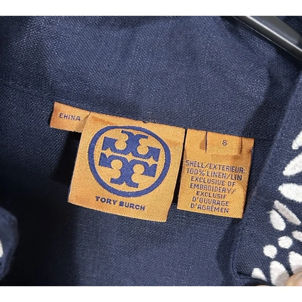 Tory Burch Women's Navy White Linen Tunic Top Sz 8 Boho Chic Preppy Coastal